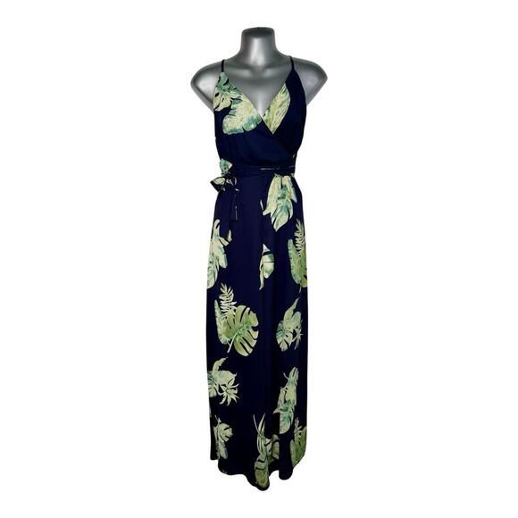 Womens Faux Wrap Jumpsuit Tropical Print Monstera Backless Navy Blue Size Small - Picture 1 of 9
